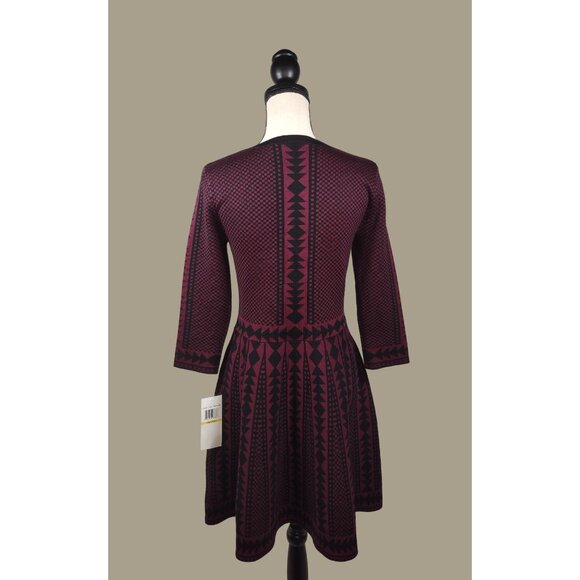 Nina Leonard Wine and Black Fit and Flare Sweater Knit Dress Size Medium NWT - Picture 2 of 15